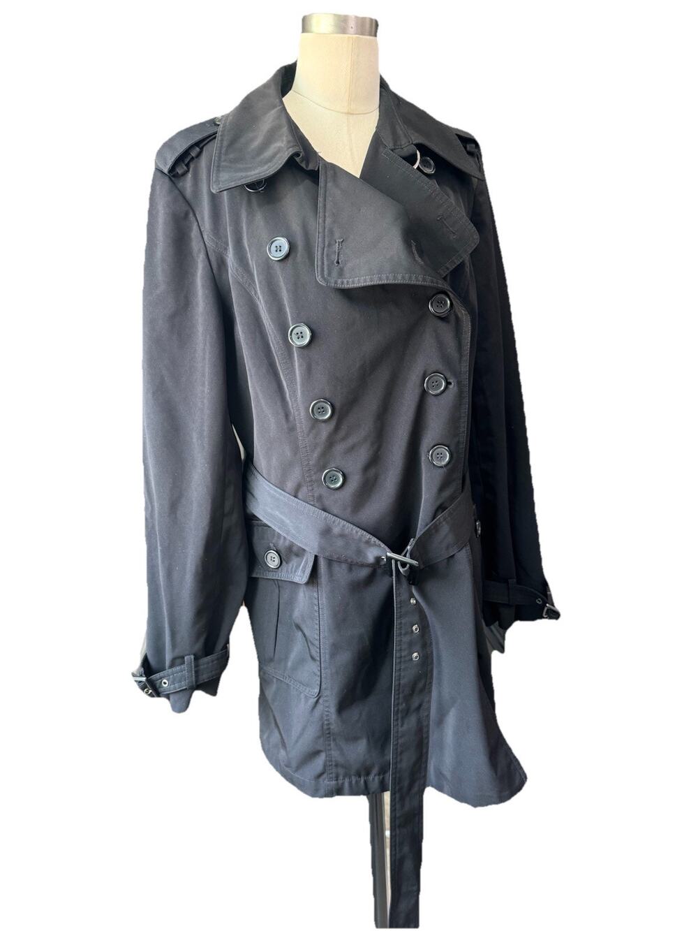 Y2K Esprit Black Trench Coat Women's Large Double Breasted Belted Epaulets